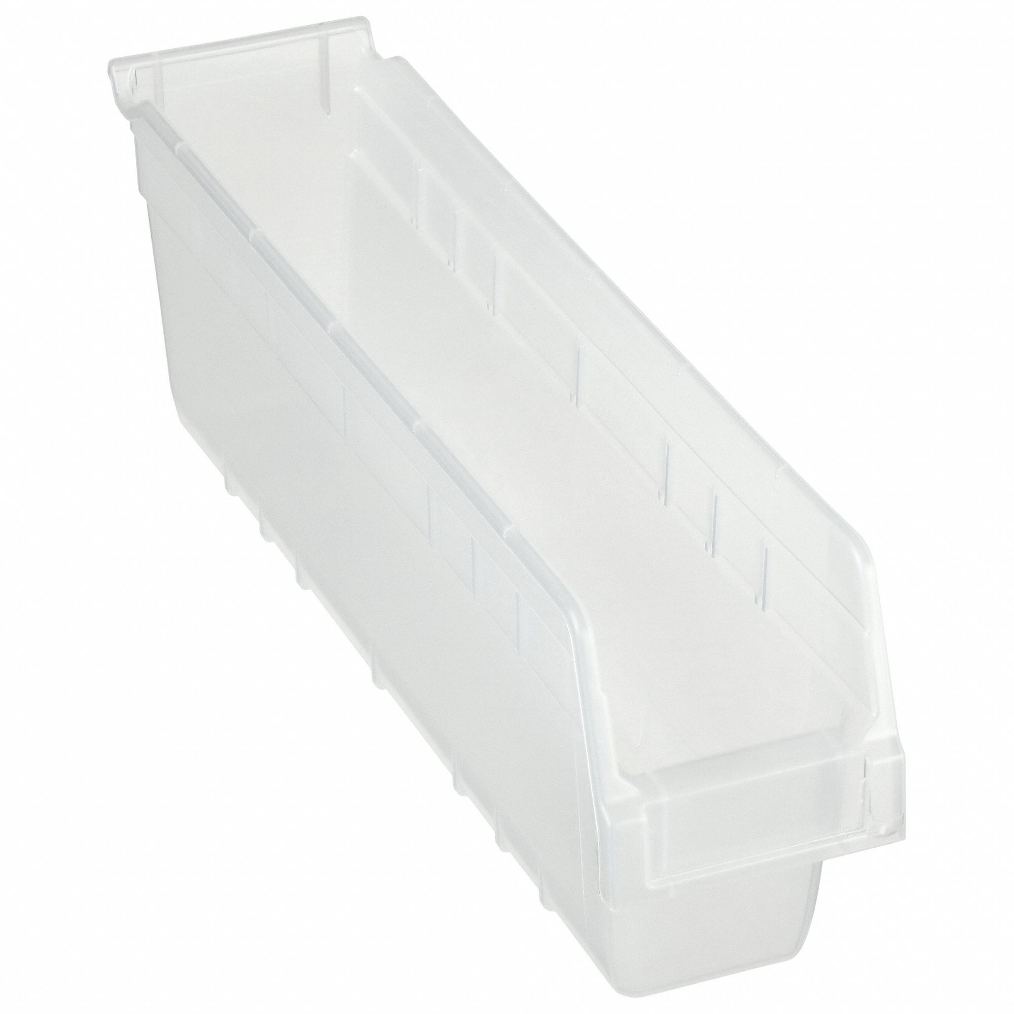 Shelf Bin: 17 7/8 in Overall Lg, 4 1/8 in x 6 in, Clear, Nesting Capable, Not Hangable