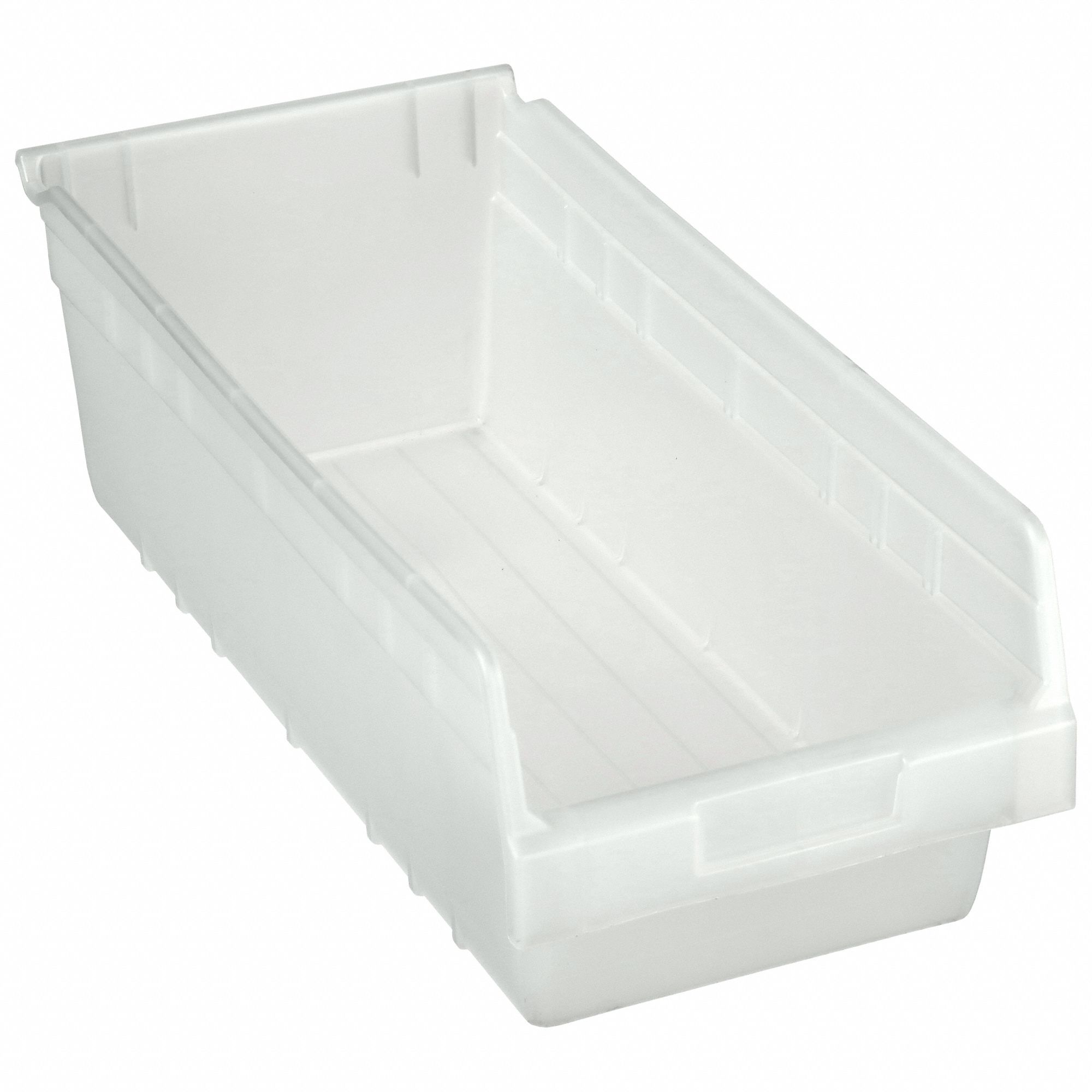 Shelf Bin: 17 7/8 in Overall Lg, 8 3/8 in x 6 in, Clear, Nesting Capable, Not Hangable