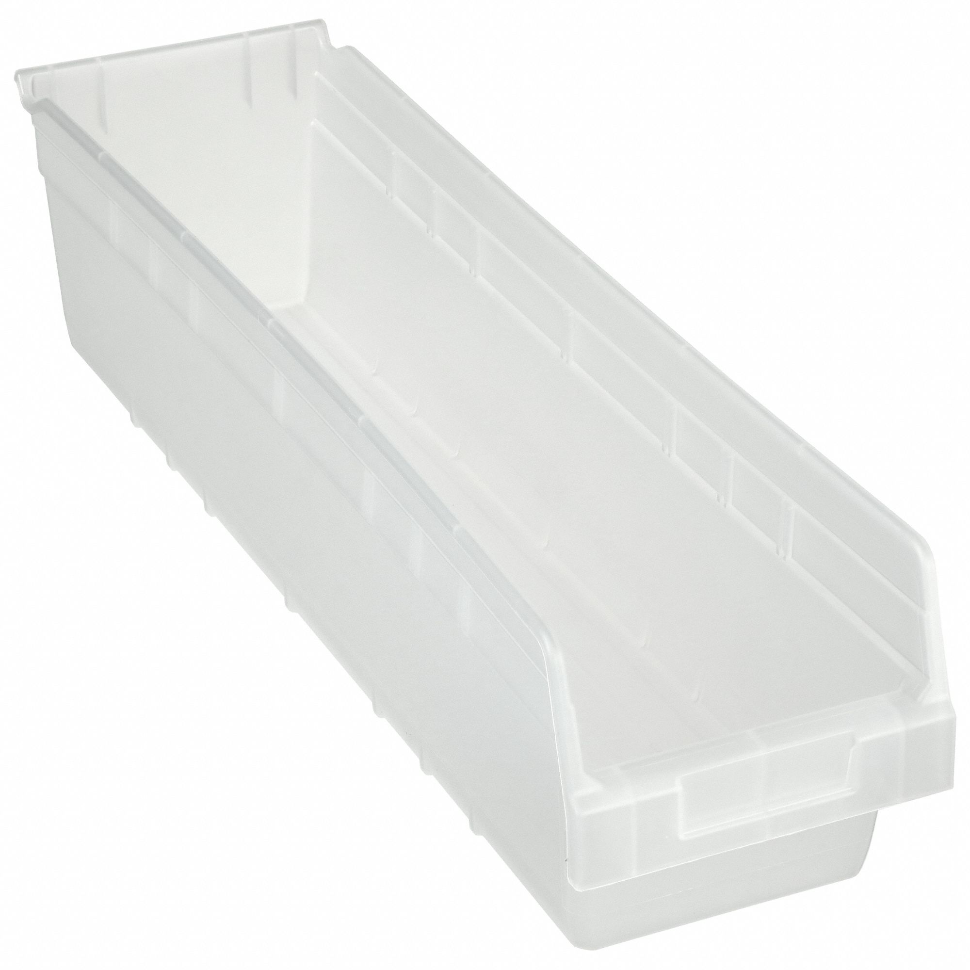 Shelf Bin: 23 5/8 in Overall Lg, 6 5/8 in x 6 in, Clear, Nesting Capable, Not Hangable