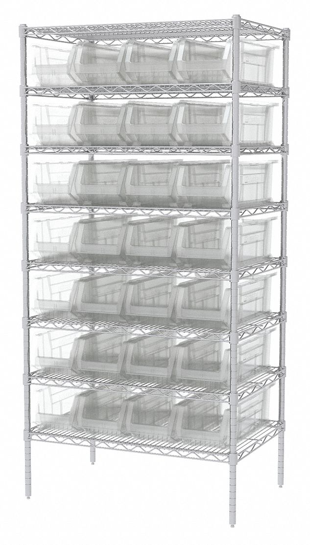 Bin Shelving: 36 in x 24 in x 74 in, 28 Bins, 8 Shelves, Open, Giant Hopper Bin, Clear