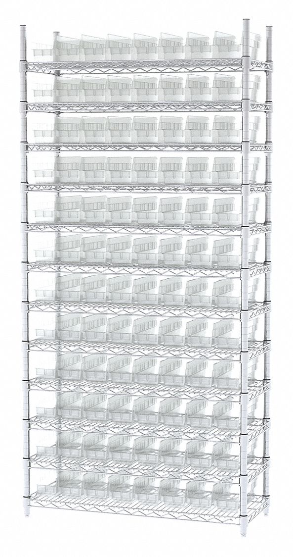 Bin Shelving: 36 in x 14 in x 74 in, 96 Bins, 12 Shelves, Open, Shelf Bin, Clear