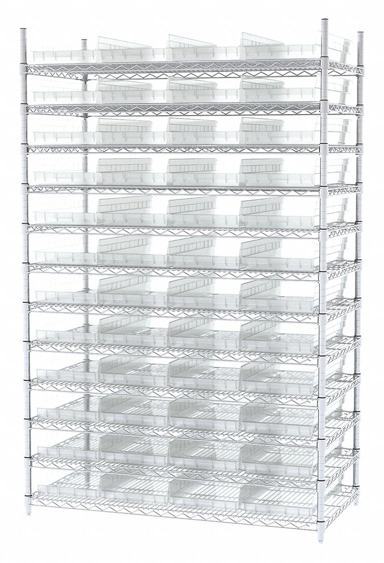 Bin Shelving: 48 in x 24 in x 74 in, 48 Bins, 12 Shelves, Open, Shelf Bin, Clear
