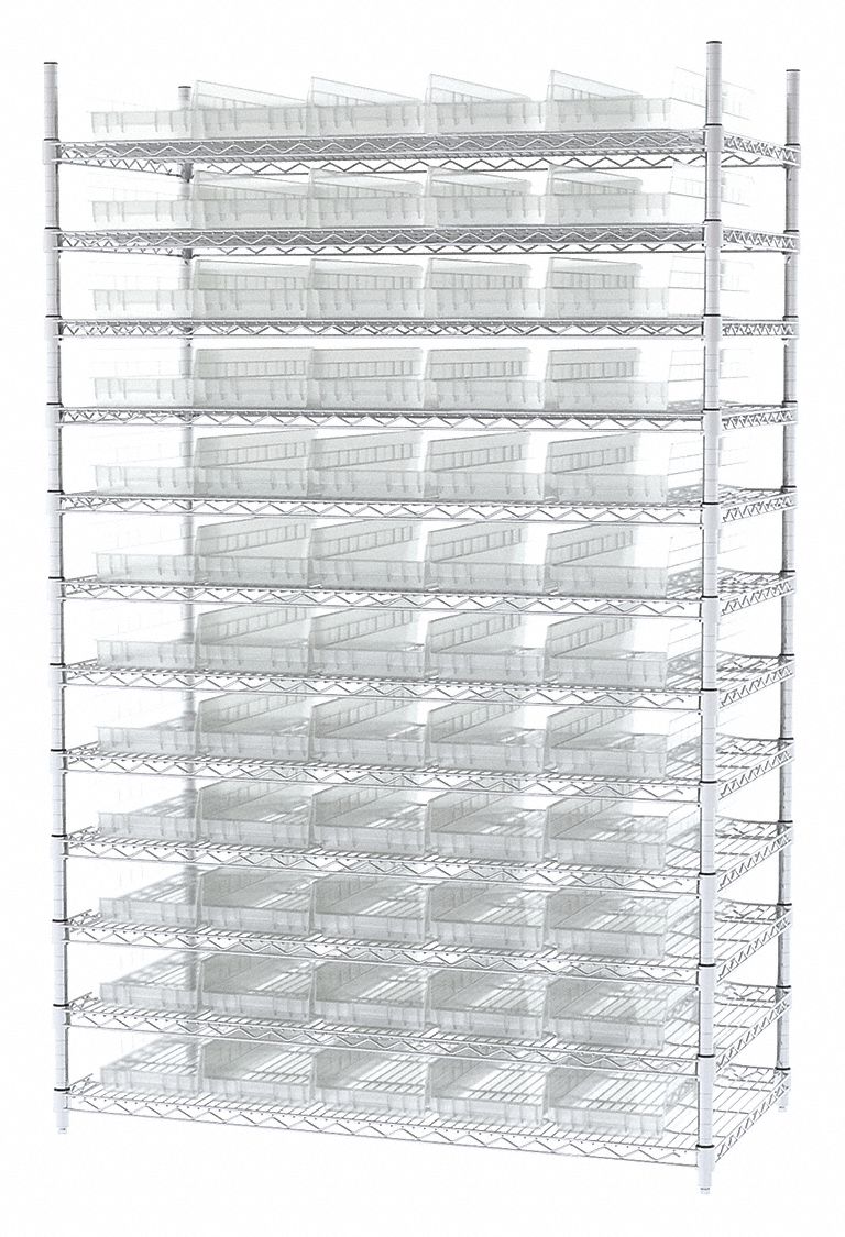 Bin Shelving: 48 in x 24 in x 74 in, 60 Bins, 12 Shelves, Open, Shelf Bin, Clear
