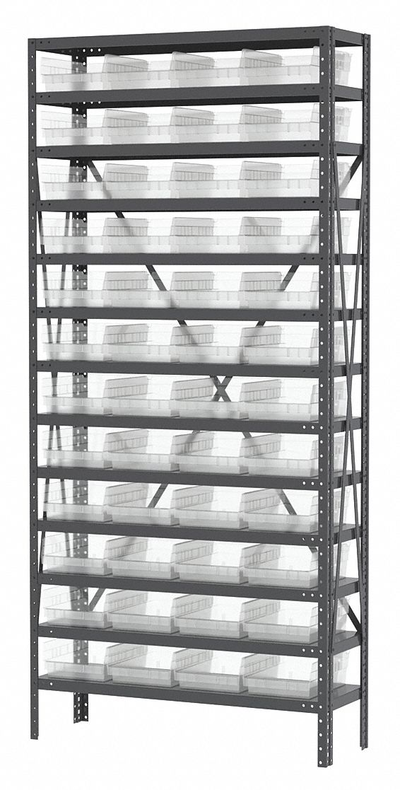 Bin Shelving: 36 in x 12 in x 79 in, 1 Sided, 48 Bins, Open, Shelf Bin, Clear, 13 Shelves