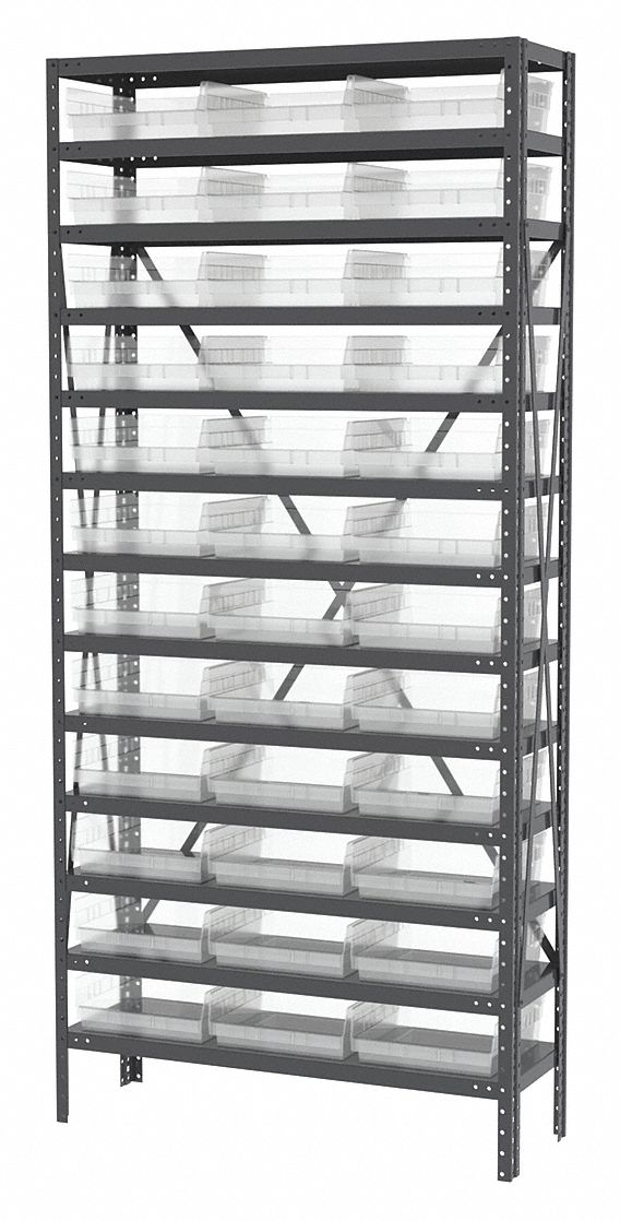 Bin Shelving: 36 in x 12 in x 79 in, 1 Sided, 36 Bins, Open, Shelf Bin, Clear, 13 Shelves