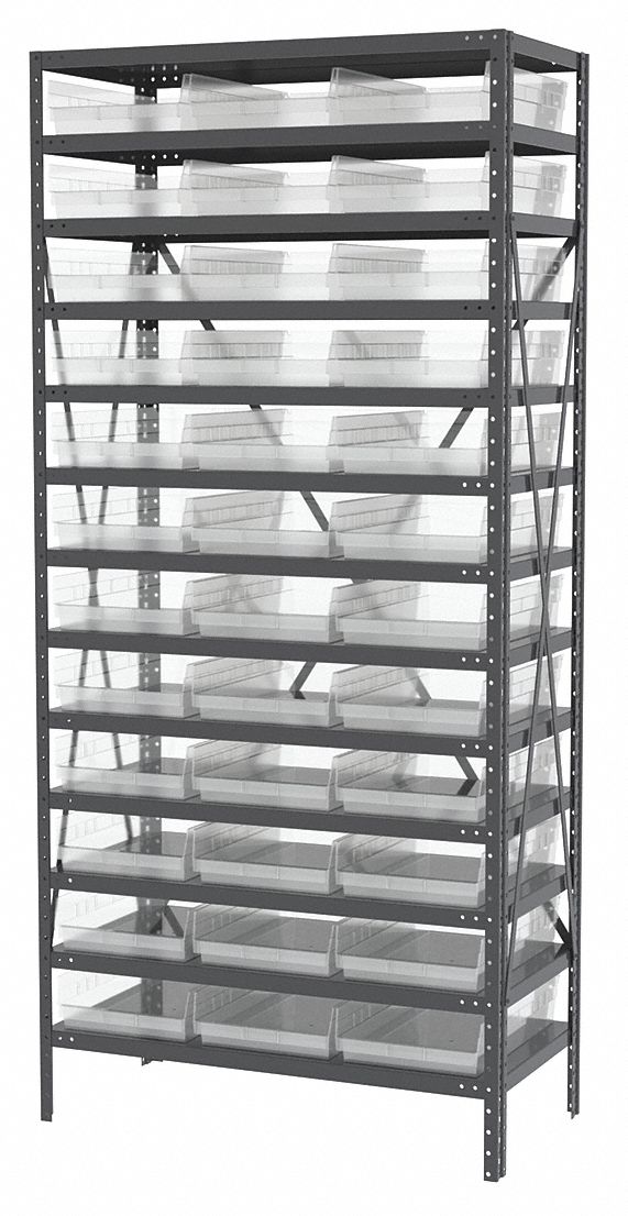 Bin Shelving: 36 in x 18 in x 79 in, 1 Sided, 36 Bins, Open, Shelf Bin, Clear, 13 Shelves