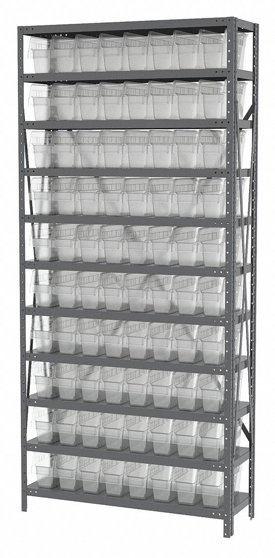 Bin Shelving: 36 in x 12 in x 79 in, 1 Sided, 80 Bins, Open, Shelf Bin, Clear, 11 Shelves