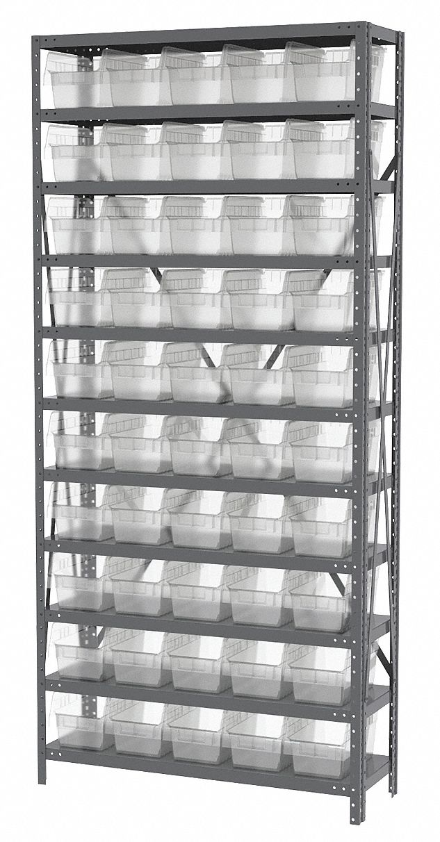 Bin Shelving: 36 in x 18 in x 79 in, 1 Sided, 36 Bins, Open, Shelf Bin, Clear, 11 Shelves