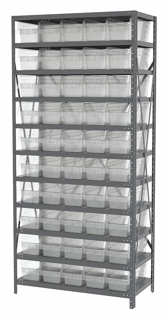 Bin Shelving: 36 in x 18 in x 79 in, 1 Sided, 50 Bins, Open, Shelf Bin, Clear, 11 Shelves