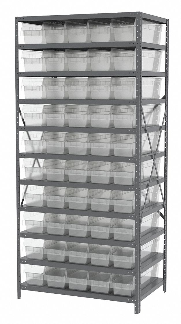 Bin Shelving: 36 in x 24 in x 79 in, 1 Sided, 50 Bins, Open, Shelf Bin, Clear, 11 Shelves