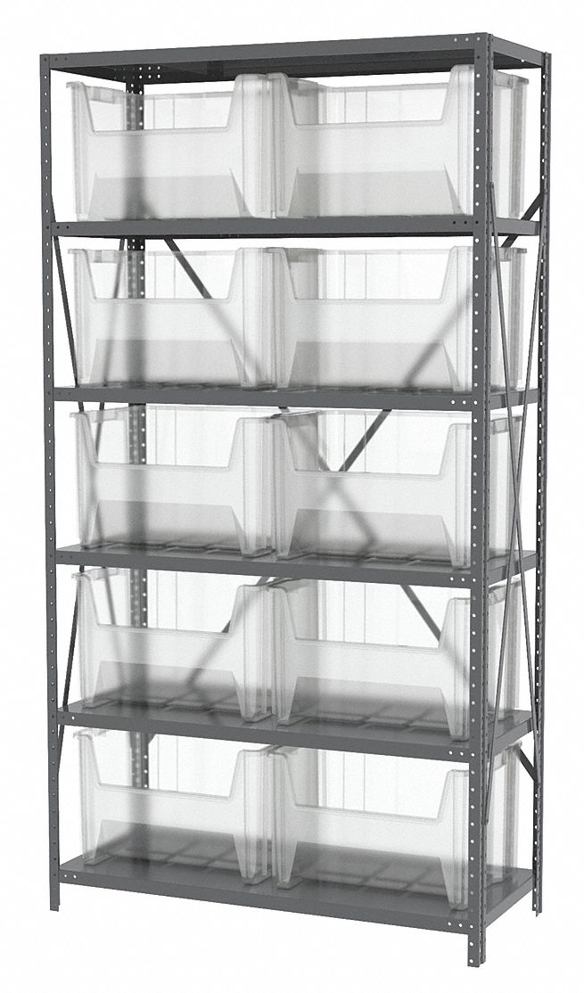 Bin Shelving: 36 in x 18 in x 79 in, 1 Sided, 12 Bins, Open, Stacking Bin, Clear