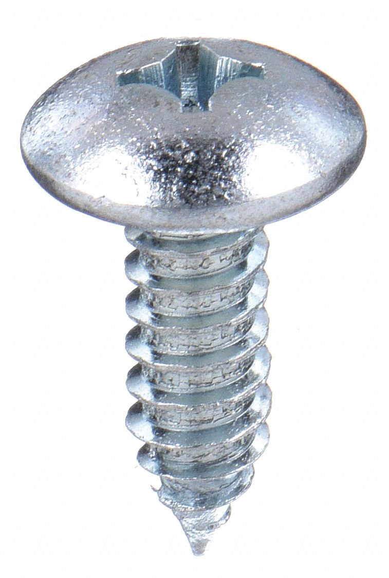Sheet Metal Screw: 1/4 in Size, 9/16 in Lg, Steel, Zinc-Plated, Phillips, Truss, 50 PK