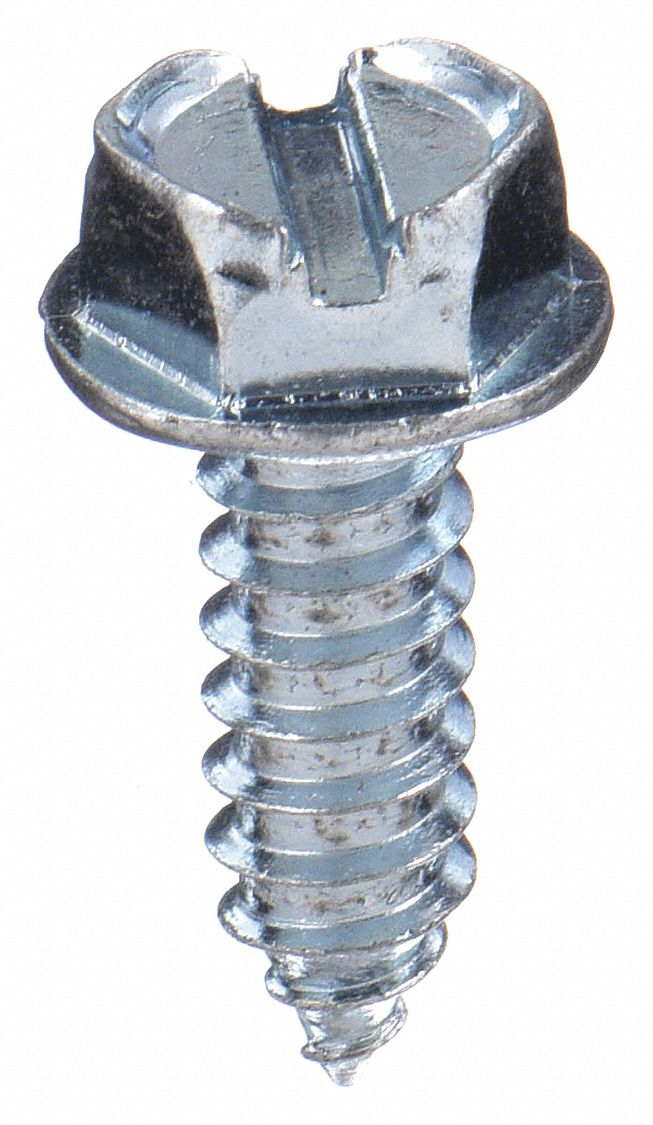 Sheet Metal Screw: #14 Size, 7/16 in Lg, Steel, Zinc-Plated, Slotted, Hex Washer, 50 PK