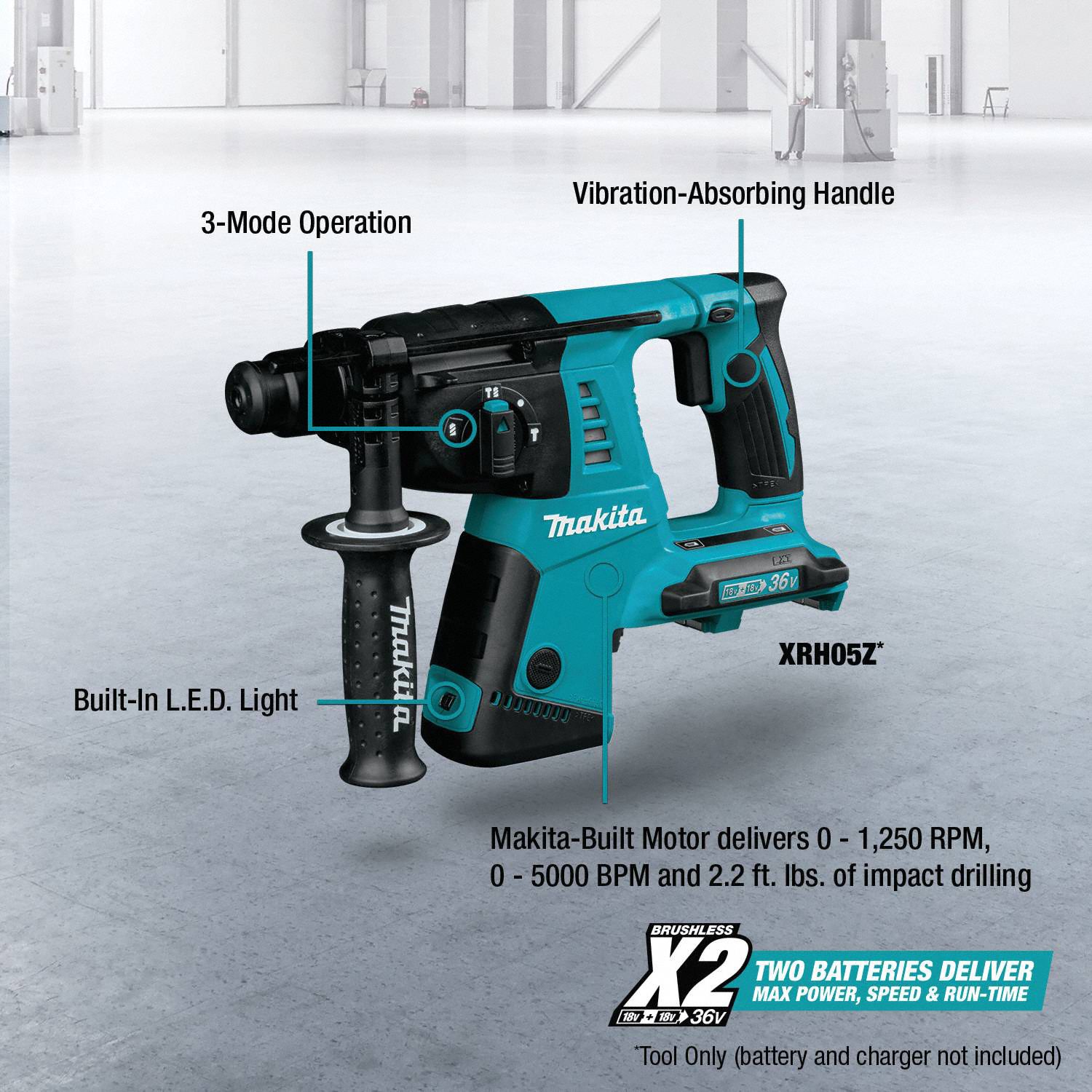 MAKITA Cordless Rotary Hammer PistolGrip, 36V DC, SDSPlus, 1 in max