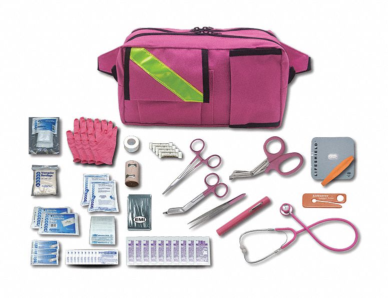 Trauma Kit: 80 Components, Nylon, Bag, Pink, Medication Included, Nylon