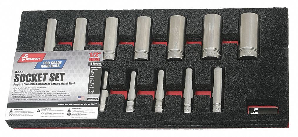 Socket Set: 1/2 in Drive, 13 Piece, 12-Point, SAE, 3/8 in to 1 1/8 in
