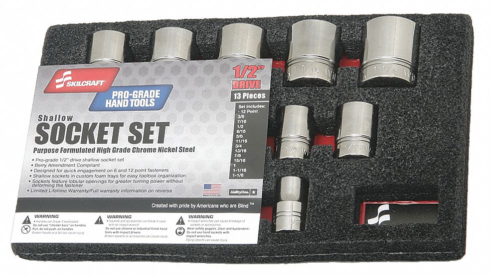 Socket Set: 1/2 in Drive, 13 Piece, 12-Point, SAE, 3/8 in to 1 1/8 in