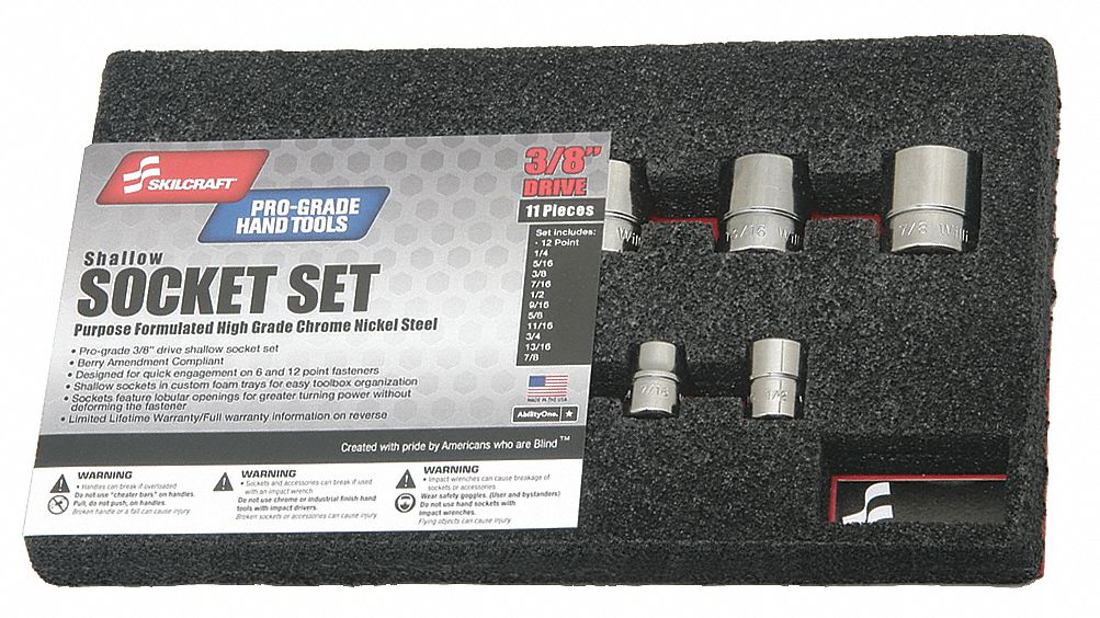 Socket Set: 3/8 in Drive, 11 Piece, 12-Point, SAE, 1/4 in to 7/8 in