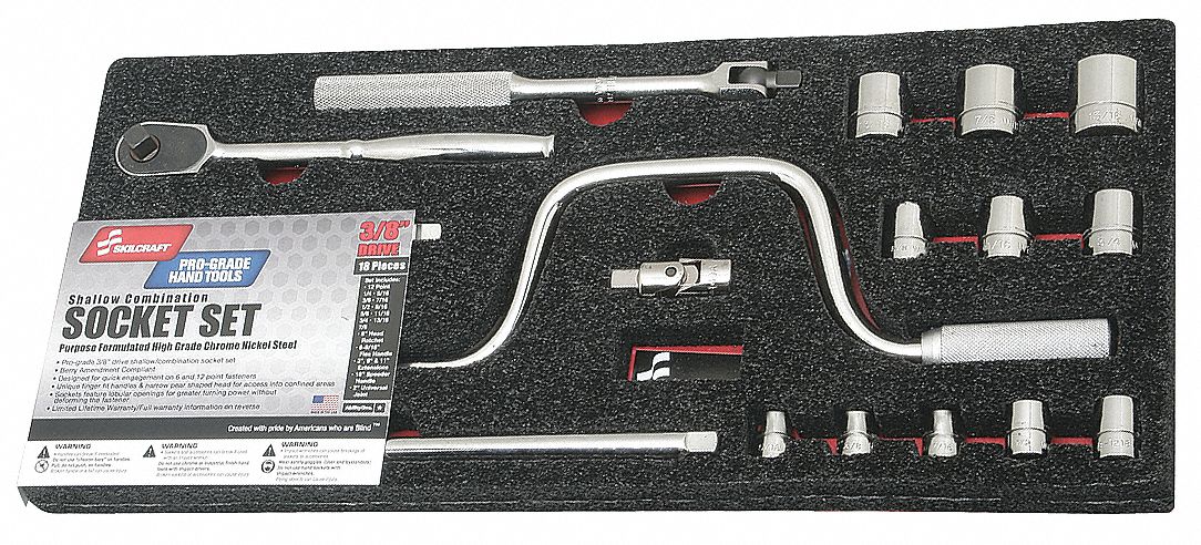 Socket Wrench Set: 3/8 in Drive, 18 Piece, 12-Point, SAE, 1/4 in to 7/8 in