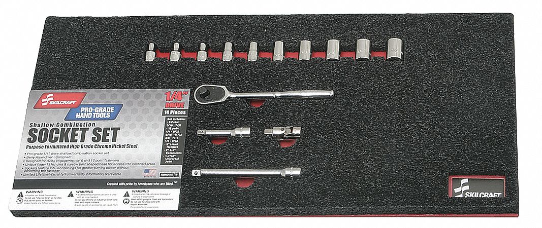 Socket Wrench Set: 1/4 in Drive, 14 Piece, Spline, SAE, 3/16 in to 9/16 in