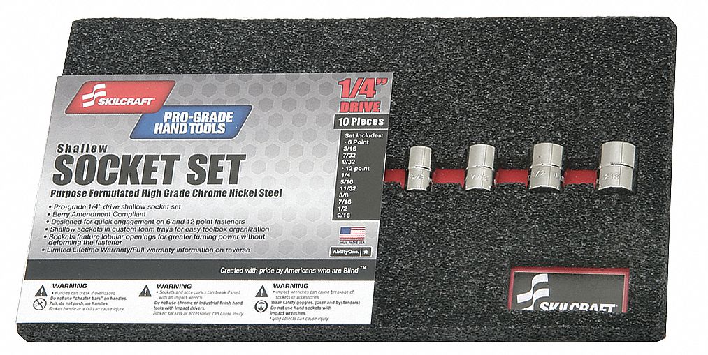 Socket Set: 1/4 in Drive, 10 Piece, 12-Point/6-Point, SAE, 3/16 in to 9/16 in