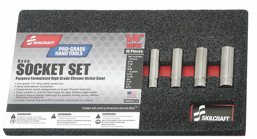 Socket Set: 1/4 in Drive, 10 Piece, 12-Point/6-Point, SAE, 3/16 in to 9/16 in