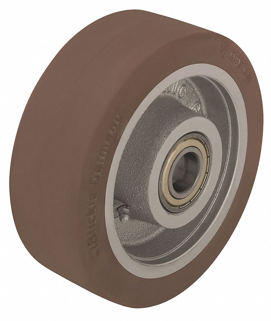 POLYURETHANE TREAD ON IRON CORE WHEEL, 4⅞ IN WHEEL DIAMETER, 2⅜ IN WHEEL W, TAN