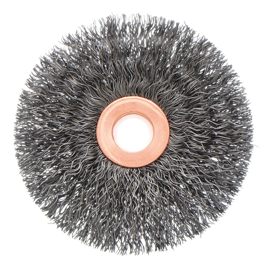 WIRE WHEEL BRUSH, CRIMPED STEEL, 3 IN DIAMETER X ⅝ IN W, ½ IN TO ⅜ IN ARBOUR, 0.012 IN FILL