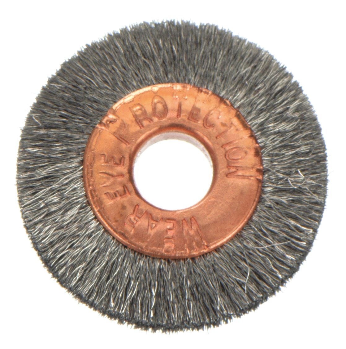 WIRE WHEEL BRUSH, CRIMPED STAINLESS STEEL, 1 IN DIAMETER X 3/16 IN W, ¼ IN ARBOUR, 0.003 IN FILL