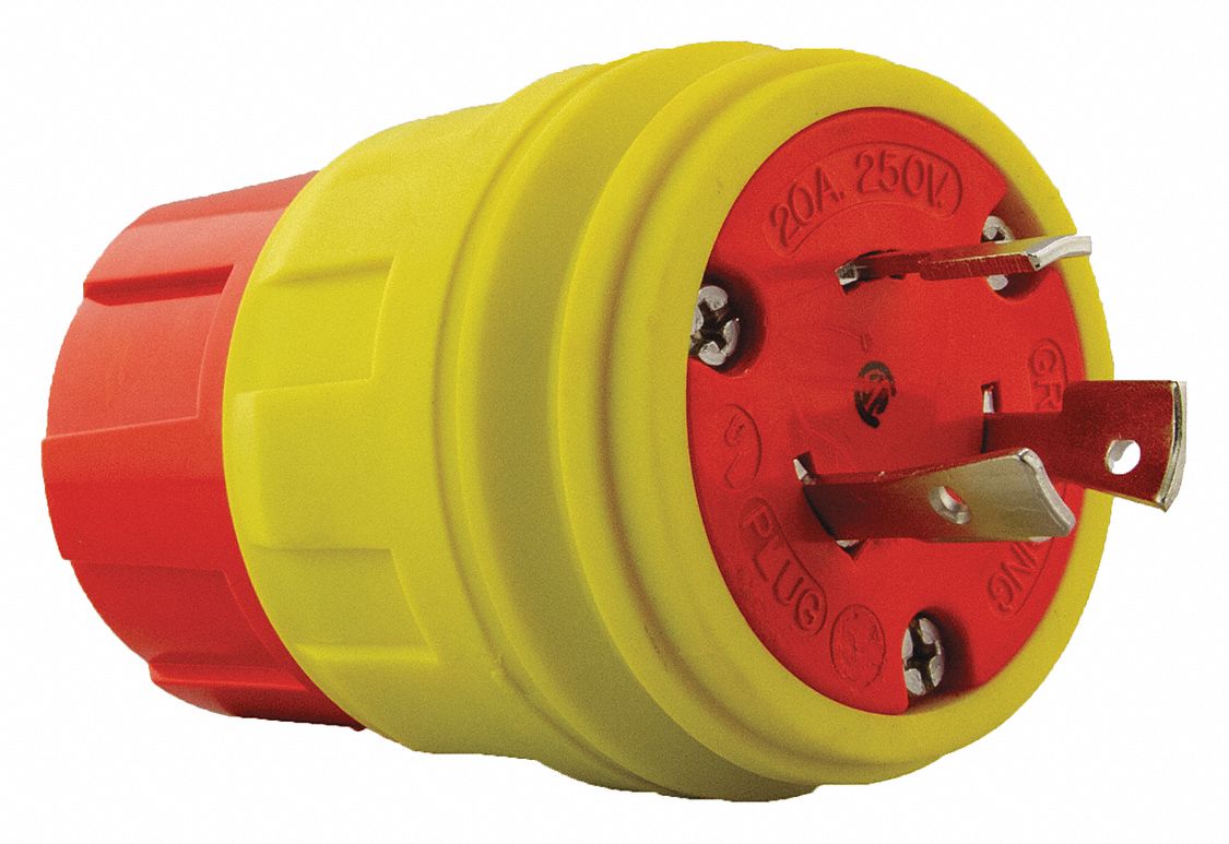 Watertight Locking Plug: L6-20P, 20 A, 250V AC, Yellow, 2 Poles, Antimicrobial/Corrosion Resistant