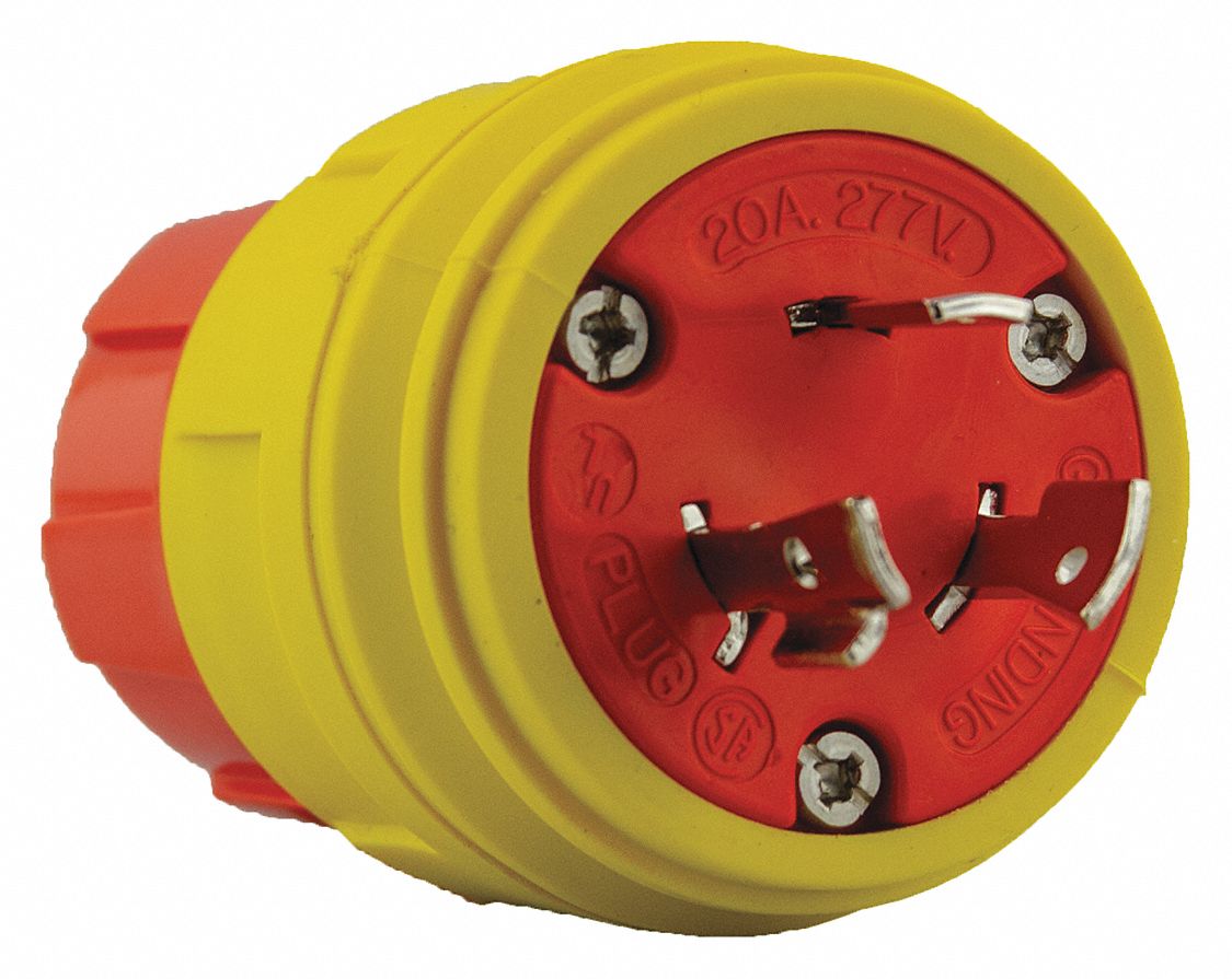 Watertight Locking Plug: L7-20P, 20 A, 277V AC, Yellow, 2 Poles, Antimicrobial/Corrosion Resistant