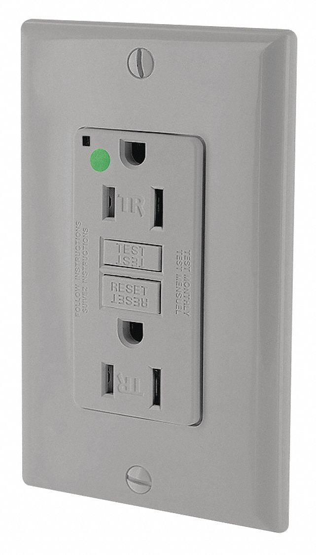 GFI Receptacle: Decorator Duplex, 5-15R, 15 A, 125V AC, Gray, 2 Pole / 3 Wire Poles & Wires