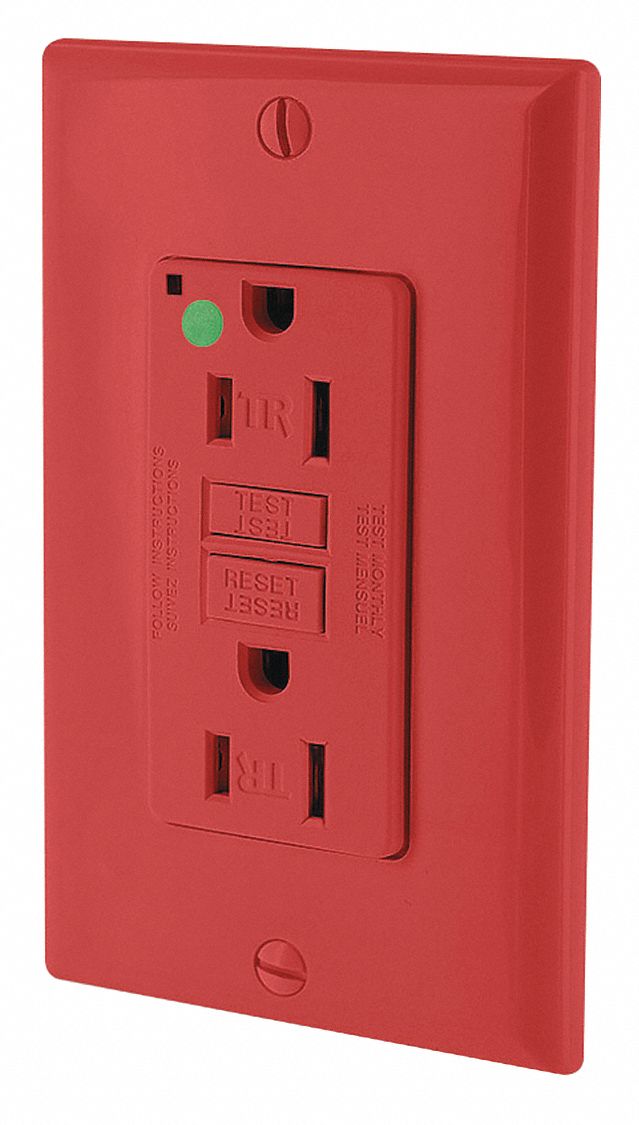 GFI Receptacle: Decorator Duplex, 5-15R, 15 A, 125V AC, Red, 2 Pole / 3 Wire Poles & Wires