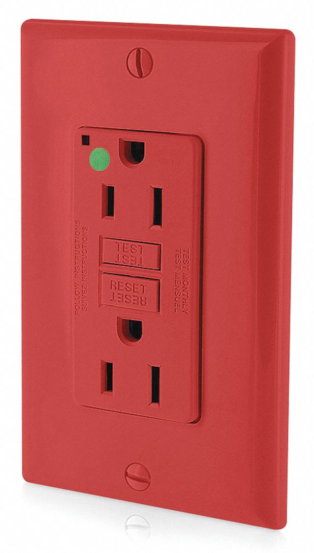 GFI Receptacle: Decorator Duplex, 5-15R, 15 A, 125V AC, Red, 2 Pole / 3 Wire Poles & Wires