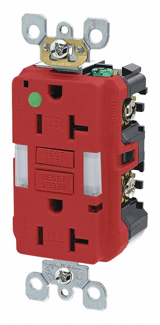 GFI Receptacle: Decorator Duplex, 5-20R, 20 A, 125V AC, Red, 2 Pole / 3 Wire Poles & Wires