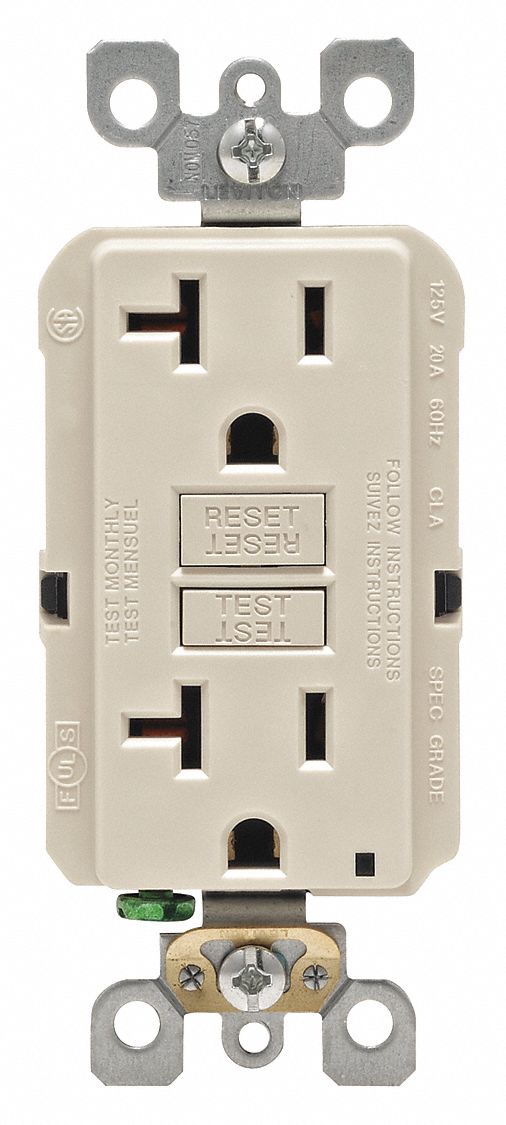 GFI Receptacle: Decorator Duplex, Light Almond, 5-20R, 20 A, 125V AC, 2 Pole / 3 Wire