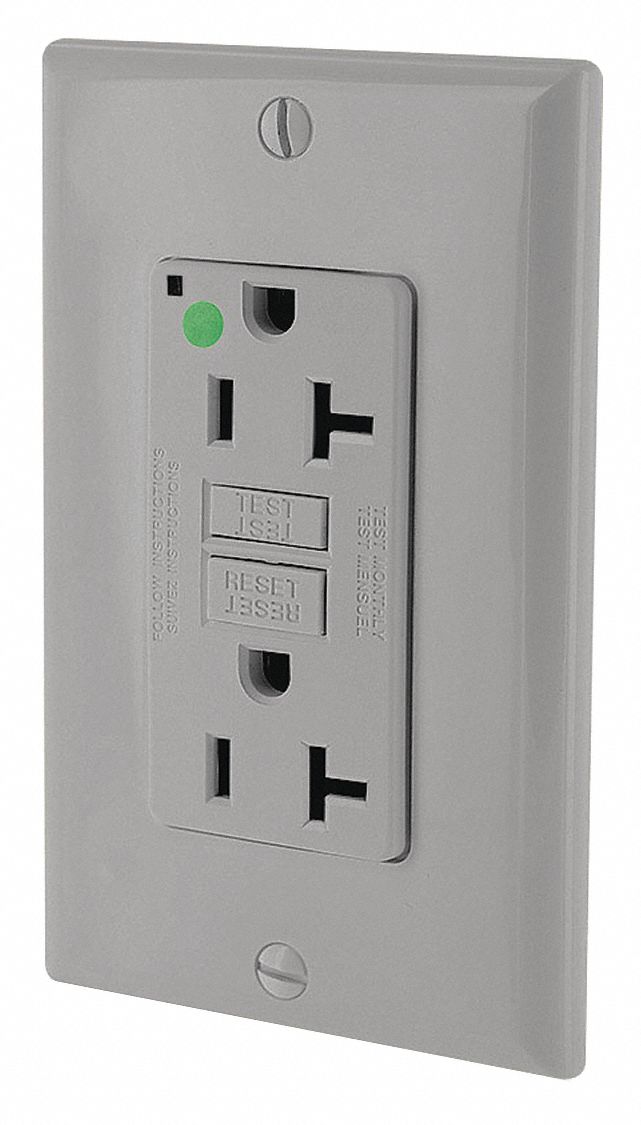 GFI Receptacle: Decorator Duplex, 5-20R, 20 A, 125V AC, Gray, 2 Pole / 3 Wire Poles & Wires
