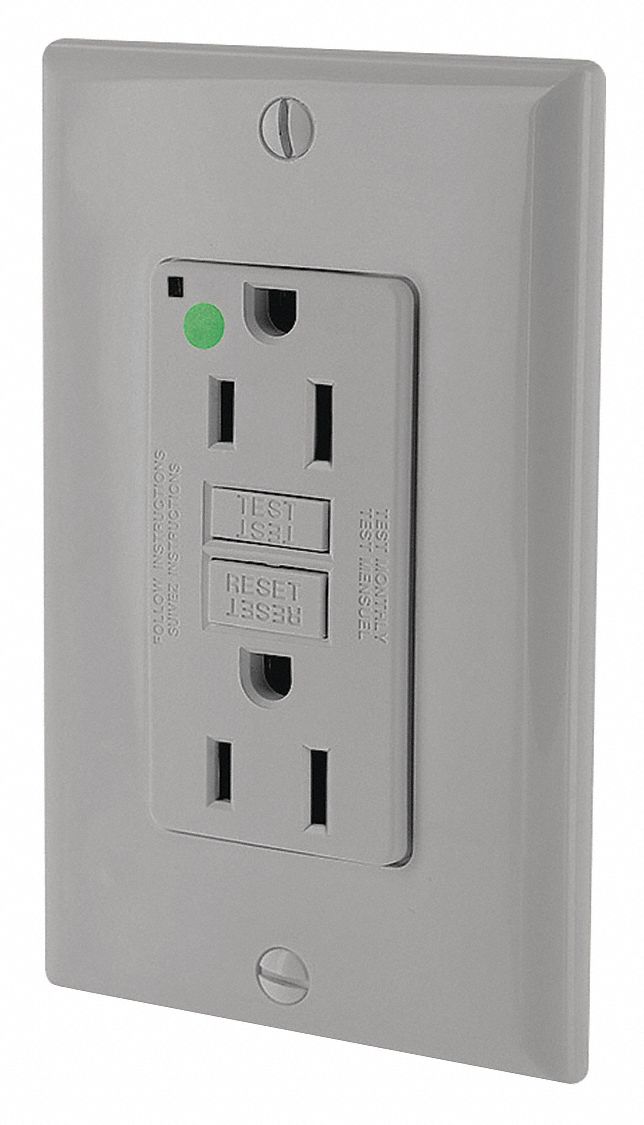 GFI Receptacle: Decorator Duplex, 5-15R, 15 A, 125V AC, Gray, 2 Pole / 3 Wire Poles & Wires