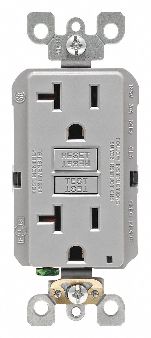GFI Receptacle: Decorator Duplex, Gray, 5-20R, 20 A, 125V AC, 2 Pole / 3 Wire