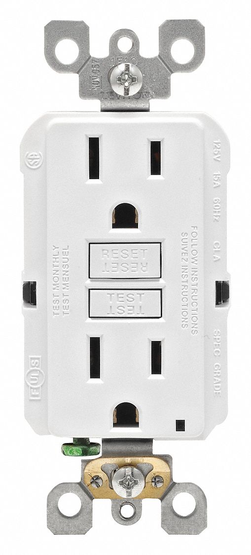GFI Receptacle: Decorator Duplex, White, 5-15R, 15 A, 125V AC, 2 Pole / 3 Wire