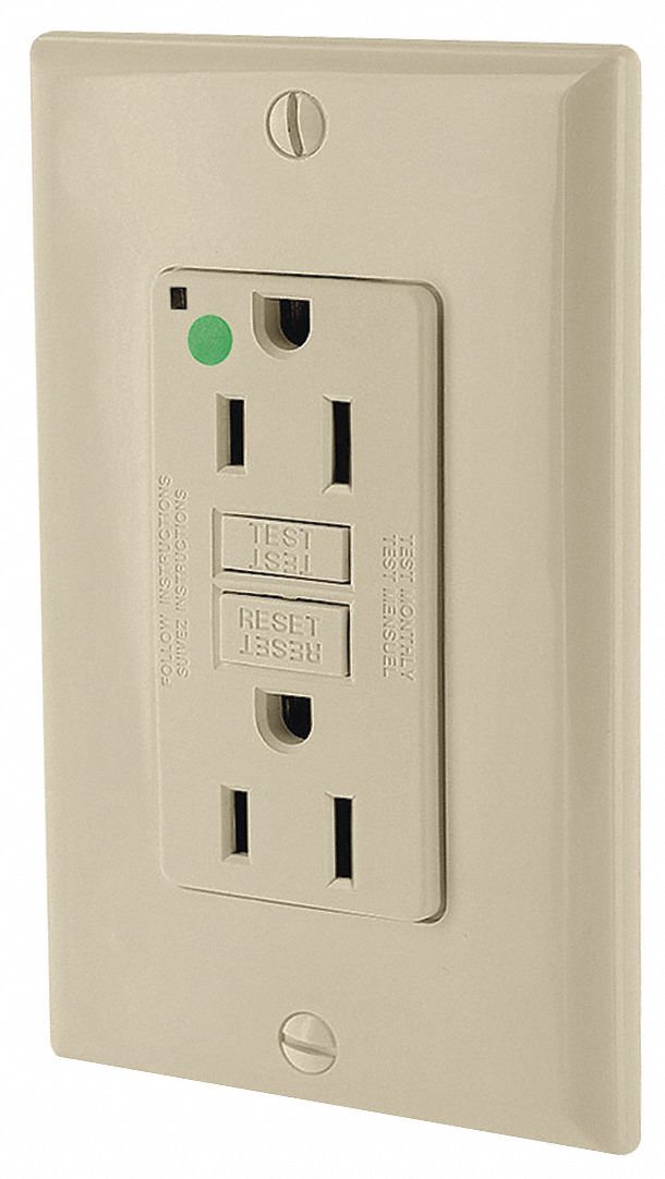 GFI Receptacle: Decorator Duplex, 5-15R, 15 A, 125V AC, Ivory, 2 Pole / 3 Wire Poles & Wires