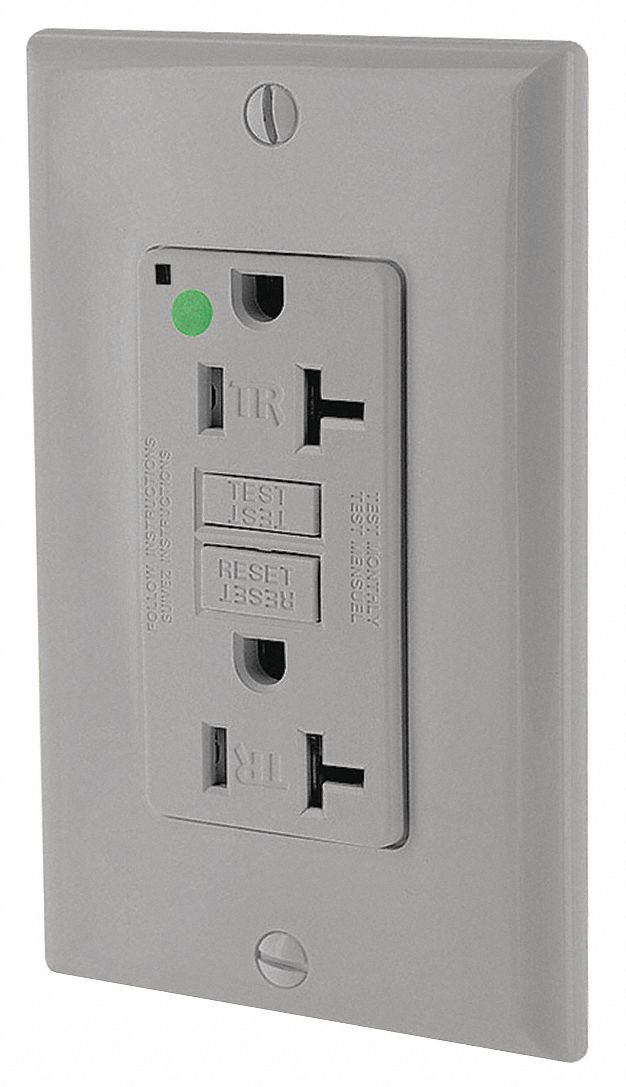 GFI Receptacle: Decorator Duplex, 5-20R, 20 A, 125V AC, Gray, 2 Pole / 3 Wire Poles & Wires