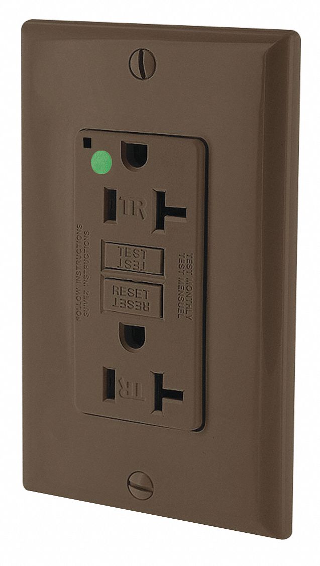 GFI Receptacle: Decorator Duplex, 5-20R, 20 A, 125V AC, Brown, 2 Pole / 3 Wire Poles & Wires