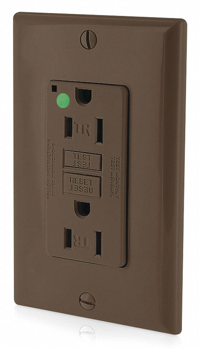 GFI Receptacle: Decorator Duplex, 5-15R, 15 A, 125V AC, Brown, 2 Pole / 3 Wire Poles & Wires