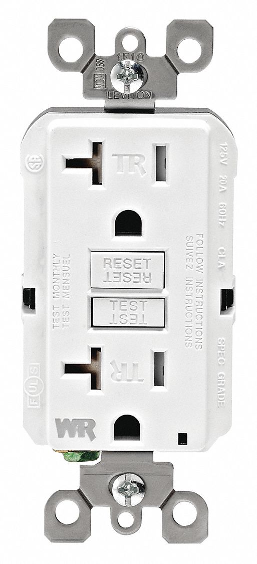 GFI Receptacle: Decorator Duplex, White, 5-20R, 20 A, 125V AC, 2 Pole / 3 Wire