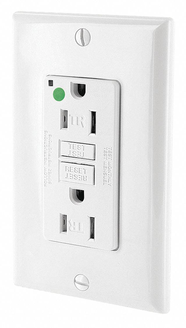 GFI Receptacle: Decorator Duplex, 5-15R, 15 A, 125V AC, White, 2 Pole / 3 Wire Poles & Wires