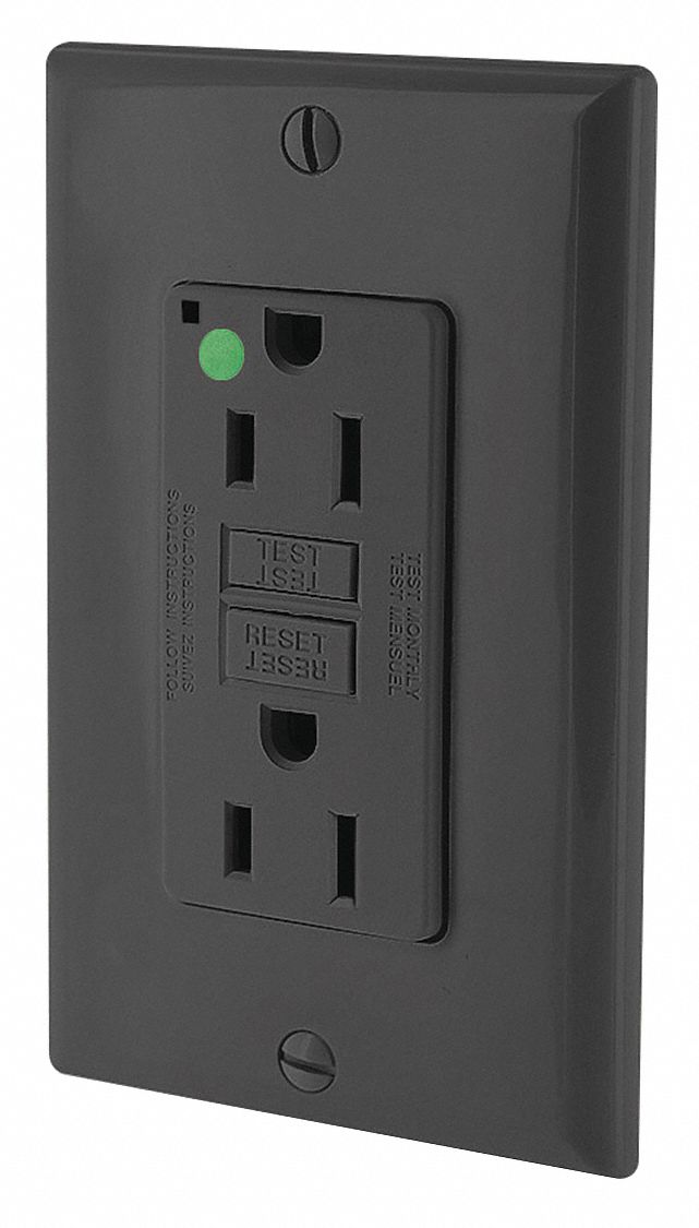 GFI Receptacle: Decorator Duplex, 5-15R, 15 A, 125V AC, Black, 2 Pole / 3 Wire Poles & Wires