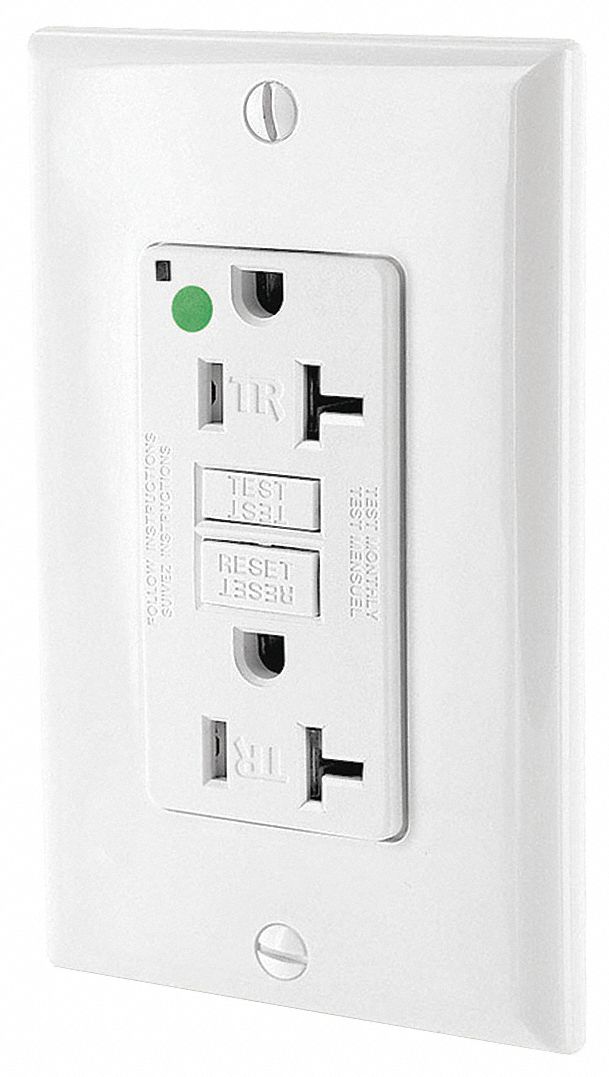 GFI Receptacle: Decorator Duplex, 5-20R, 20 A, 125V AC, White, 2 Pole / 3 Wire Poles & Wires