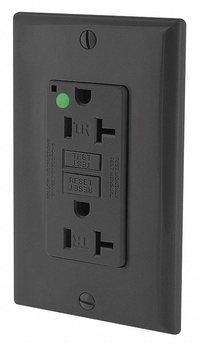 GFI Receptacle: Decorator Duplex, 5-20R, 20 A, 125V AC, Black, 2 Pole / 3 Wire Poles & Wires