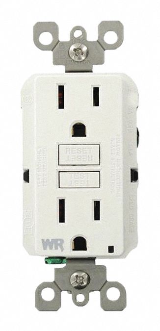 GFI Receptacle: Decorator Duplex, White, 5-15R, 15 A, 125V AC, 2 Pole / 3 Wire
